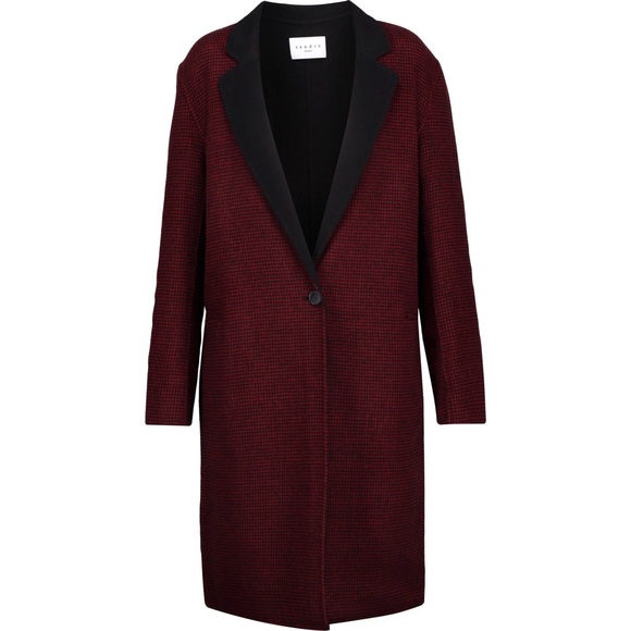 SANDRO Claret Felt Wool Houndstooth Long Coat Red/Black - Picture 3 of 10